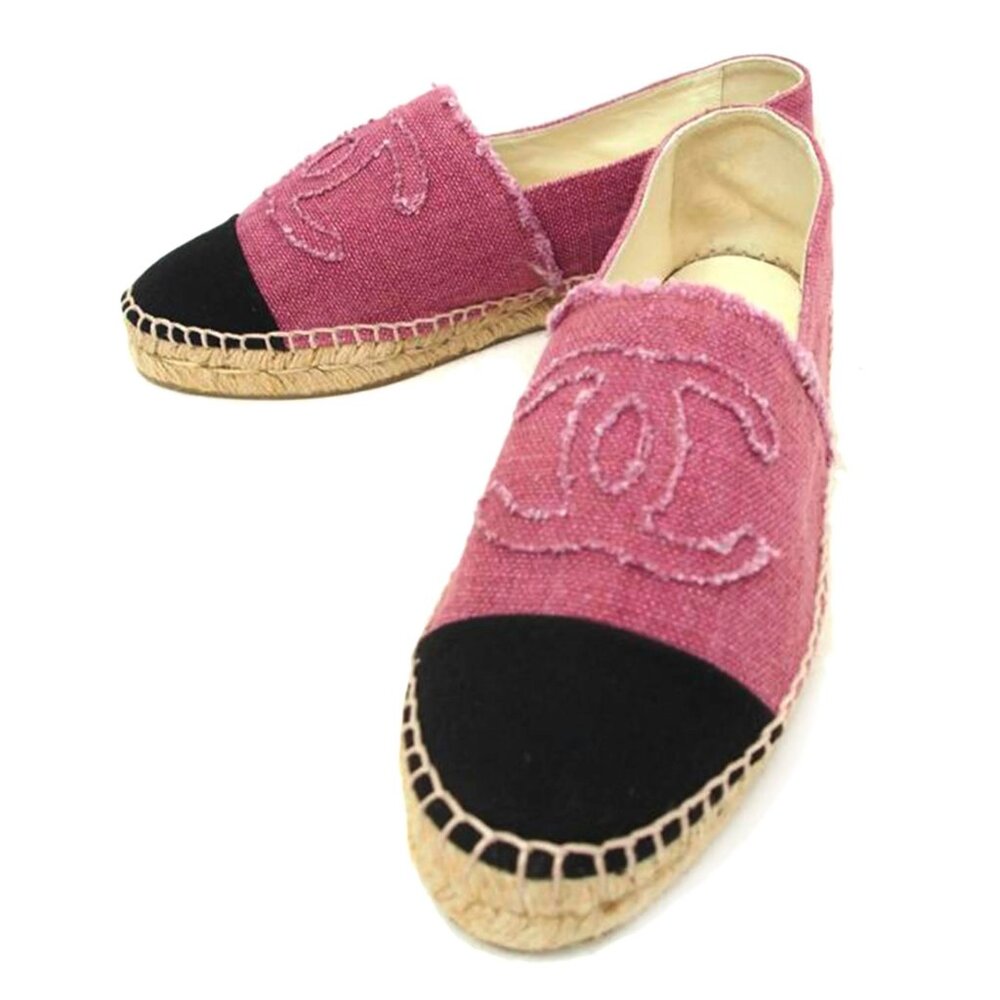Authentic CHANEL CC Logo Linen Pink Black Espadrilles Flats Shoes 38